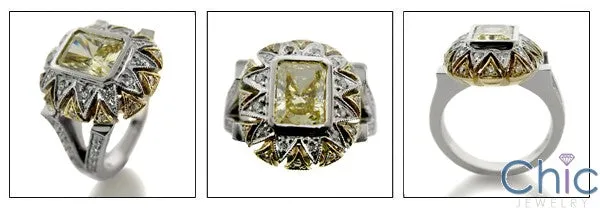 2 Ct Canary Radiant Bezel Two Tone Cubic Zirconia Pave 14K Gold Ring