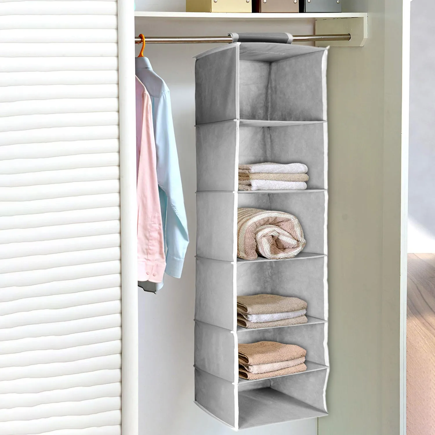 6370  6 Shelf Hanging Closet Organizer, Space Saver, Sweater & Clothing Shelves, Breathable Material Keeps Away Dust & Odors,