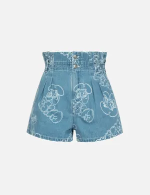 Allover Graffiti Daruma and Logo Laser-Print Denim Shorts