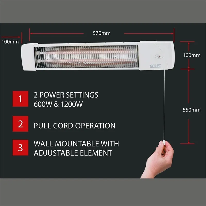 Arlec 1200W 2 Bar Radiant Strip Heater/2 SETTINGS/PULL CORD/WALL MOUNTABLE