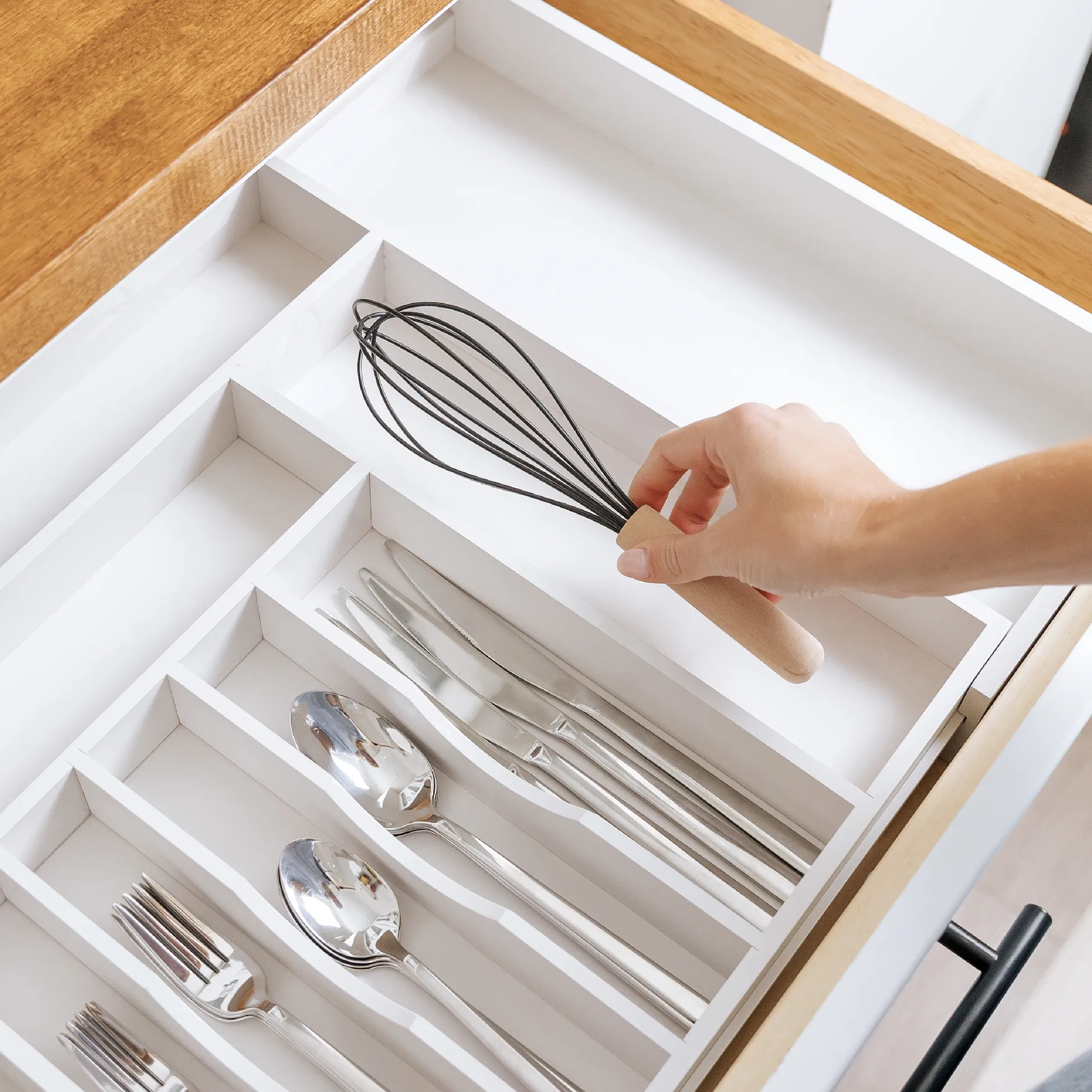 Bamboo Drawer Organizer for Silverware & Utensils - White Finish (Expands 15.75-28in)