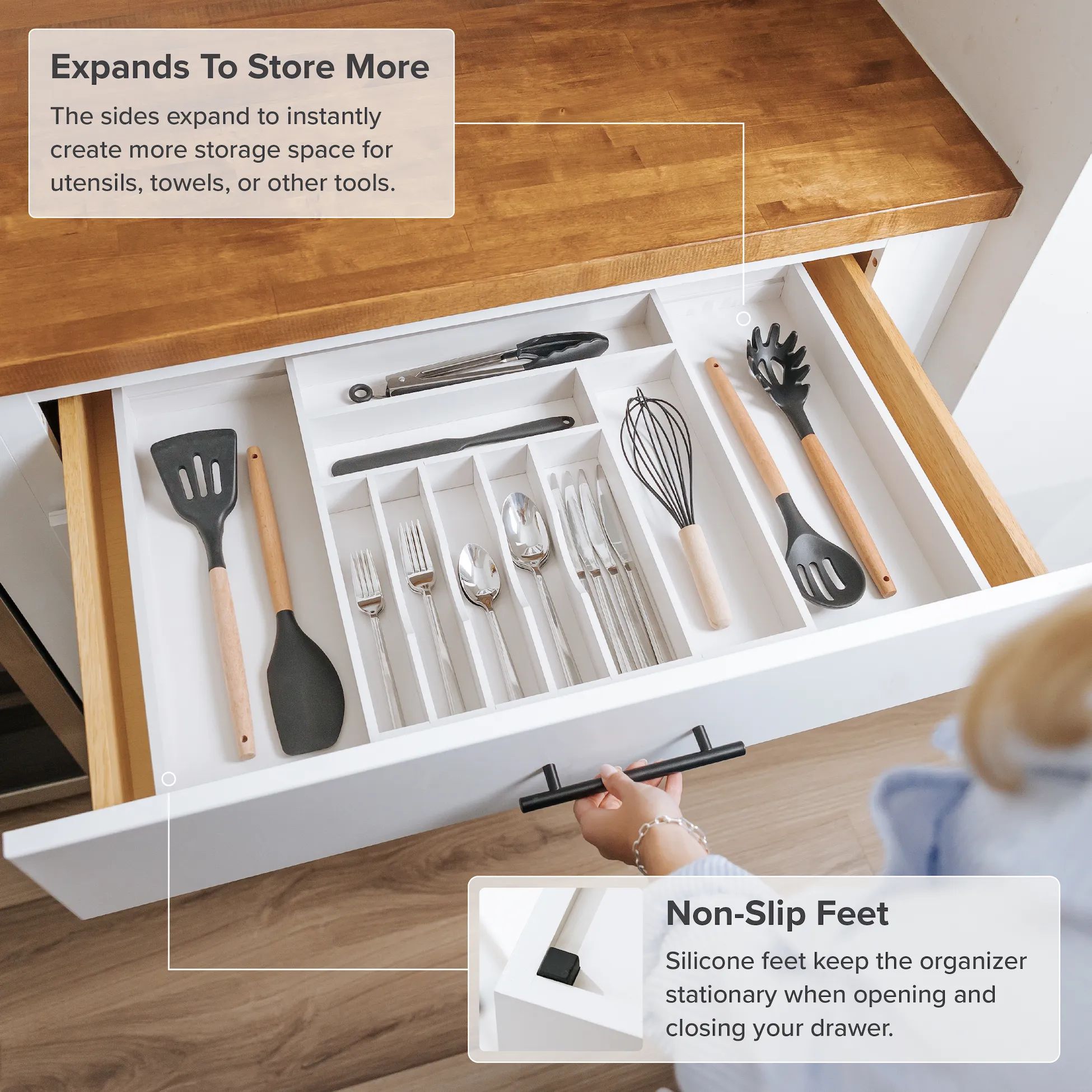 Bamboo Drawer Organizer for Silverware & Utensils - White Finish (Expands 15.75-28in)