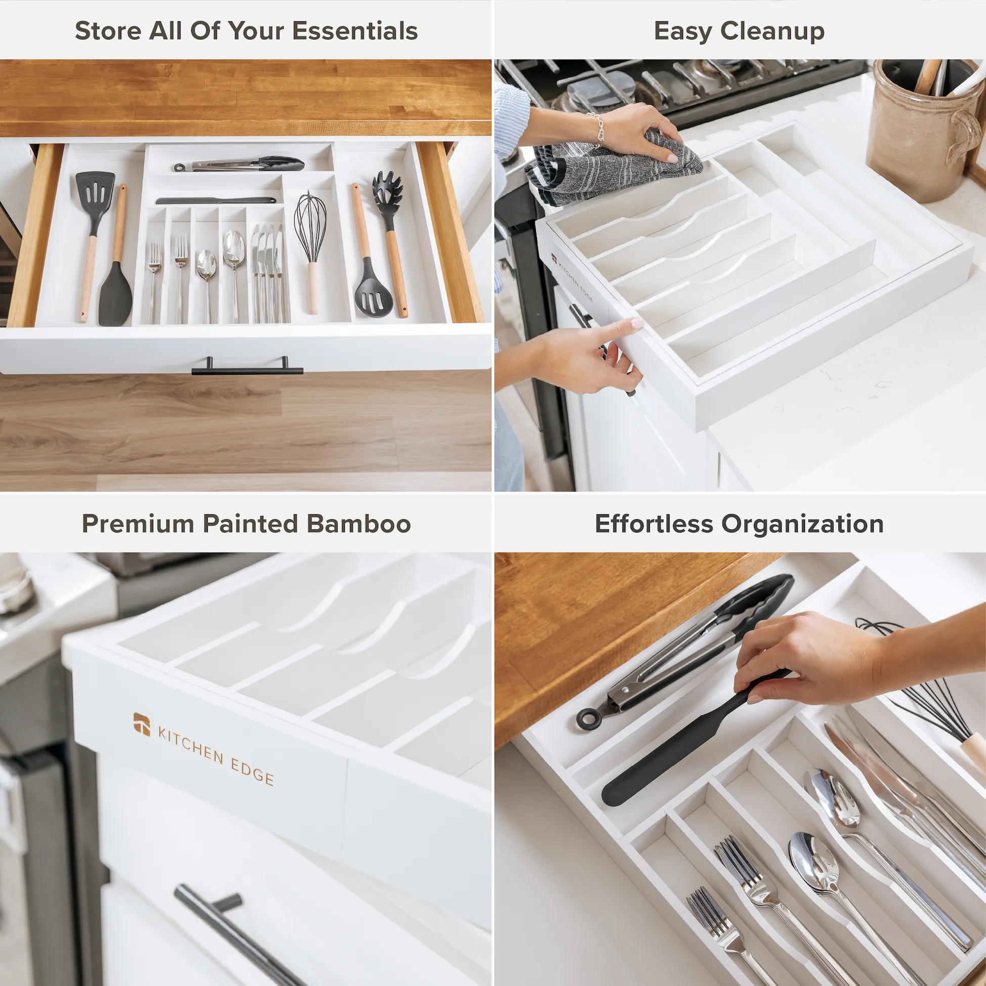 Bamboo Drawer Organizer for Silverware & Utensils - White Finish (Expands 15.75-28in)