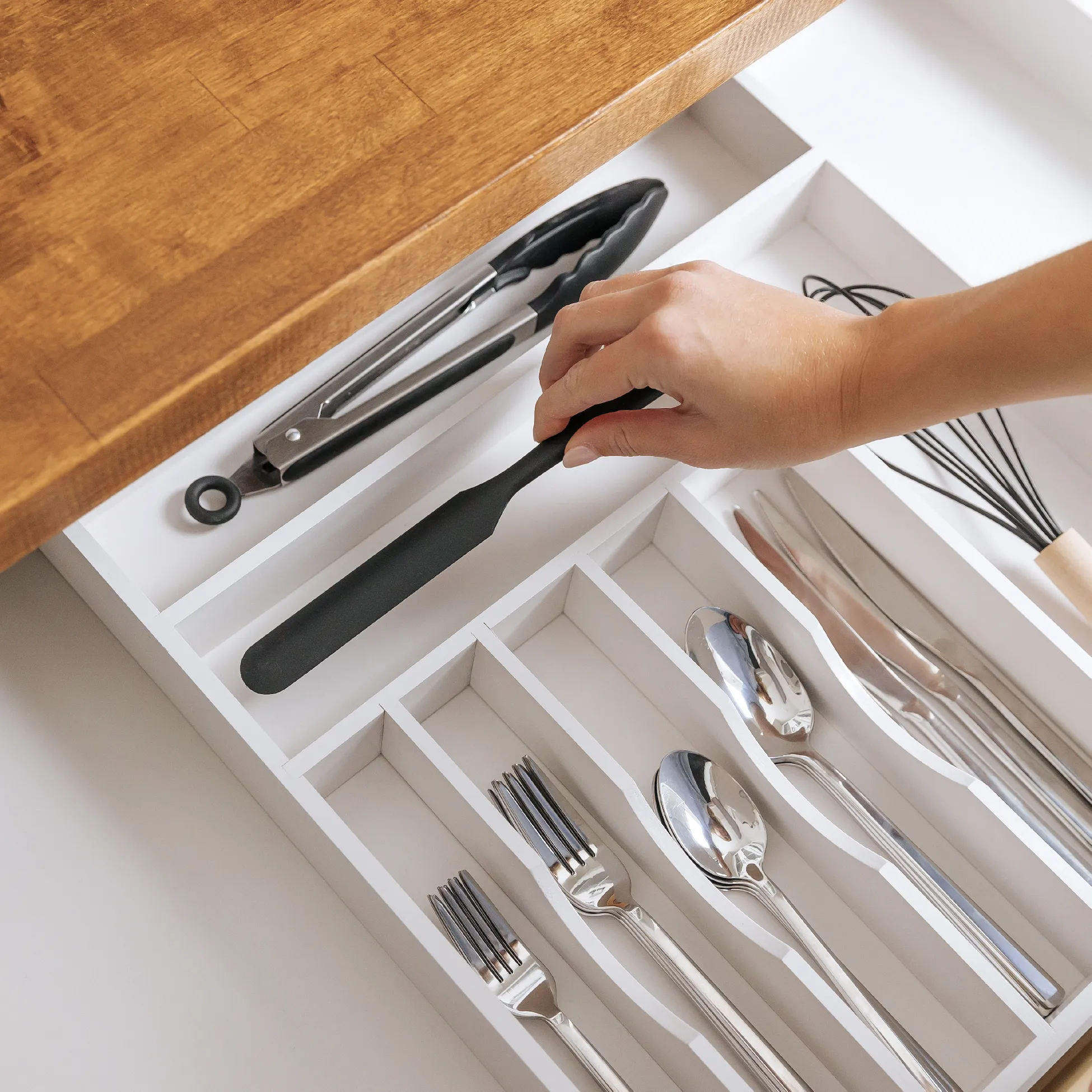 Bamboo Drawer Organizer for Silverware & Utensils - White Finish (Expands 15.75-28in)