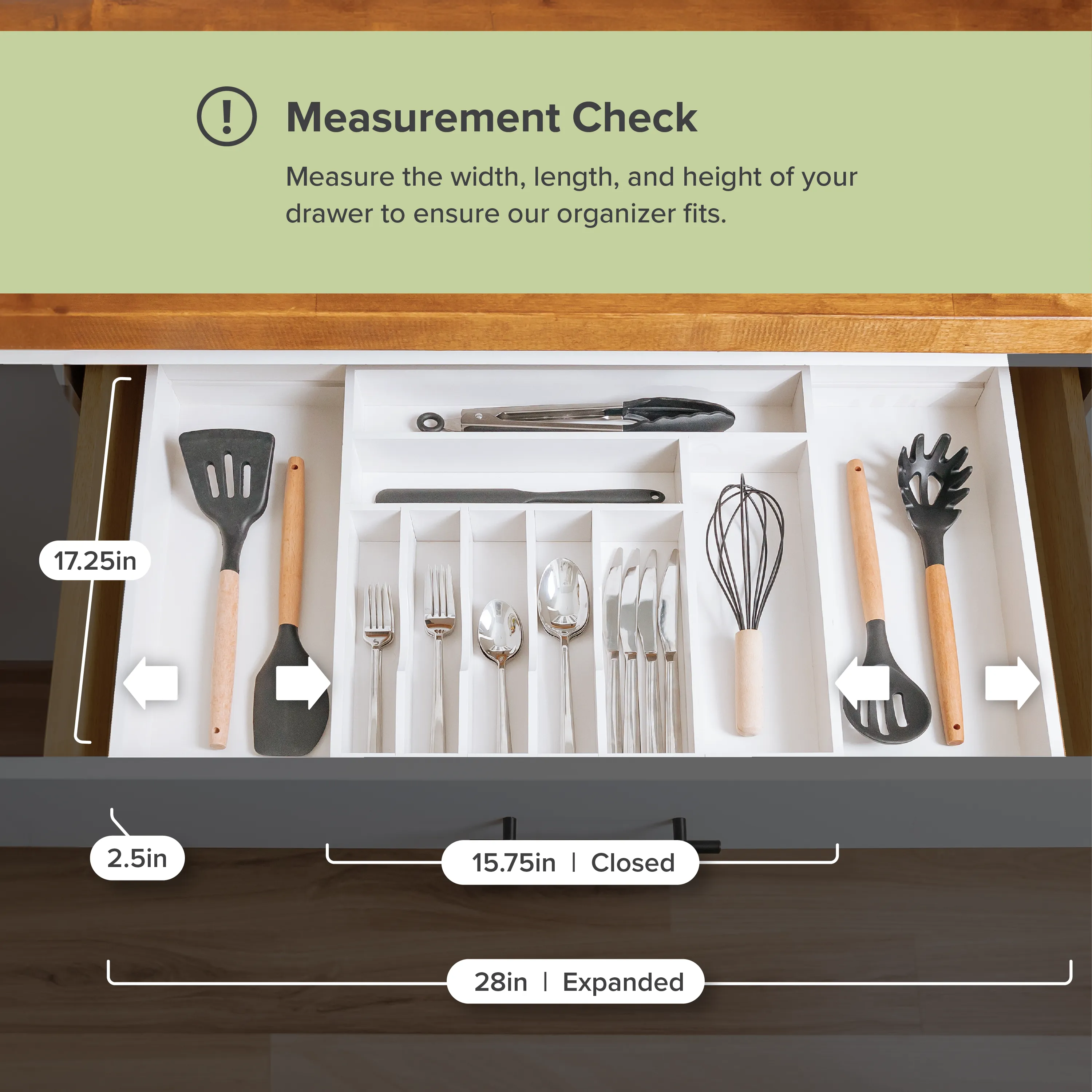 Bamboo Drawer Organizer for Silverware & Utensils - White Finish (Expands 15.75-28in)