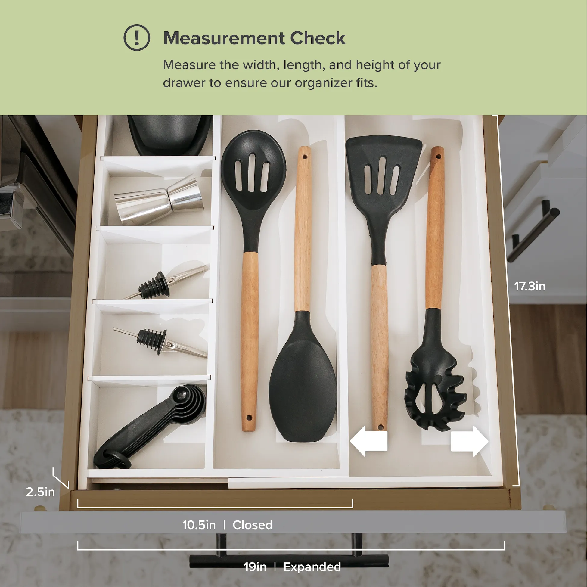 Bamboo Drawer Organizer for Utensils & Junk - White Finish (Expands 10.5-19in)