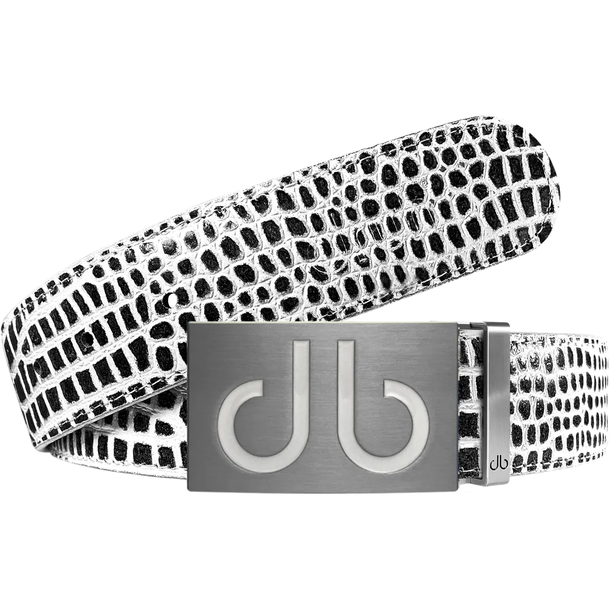 Black and White Crocodile Textured Leather Belt with White Infill Buckle