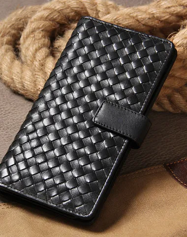 Black Braided Leather Mens Long Wallet Bifold Long Wallet for Men