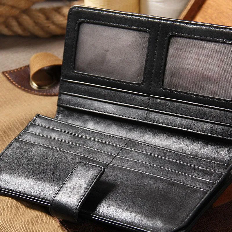 Black Braided Leather Mens Long Wallet Bifold Long Wallet for Men