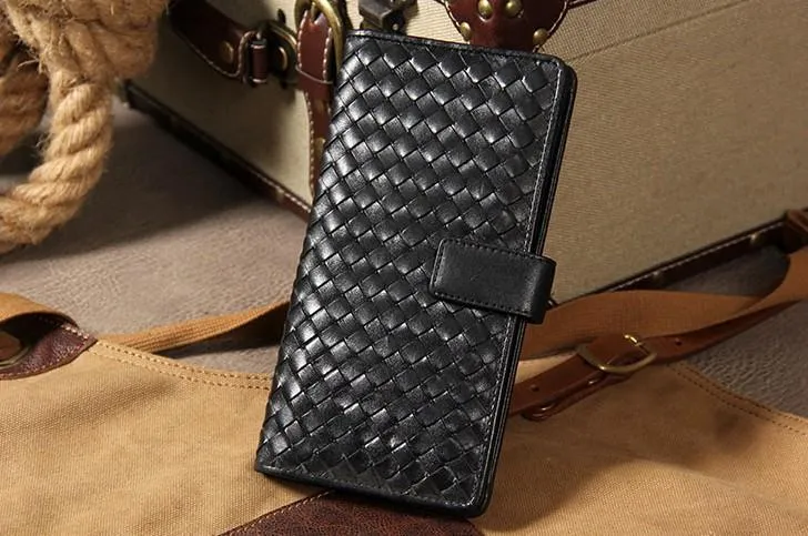 Black Braided Leather Mens Long Wallet Bifold Long Wallet for Men