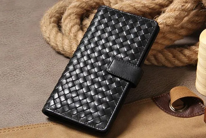 Black Braided Leather Mens Long Wallet Bifold Long Wallet for Men