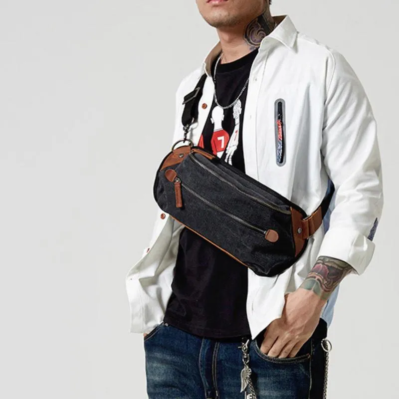 Black Canvas Leather Fanny Pack Men's Chest Bag Sling Hip Bag Canvas Waist Bag For Men