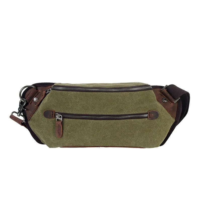 Black Canvas Leather Fanny Pack Men's Chest Bag Sling Hip Bag Canvas Waist Bag For Men