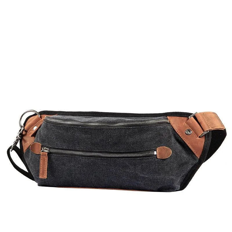 Black Canvas Leather Fanny Pack Men's Chest Bag Sling Hip Bag Canvas Waist Bag For Men