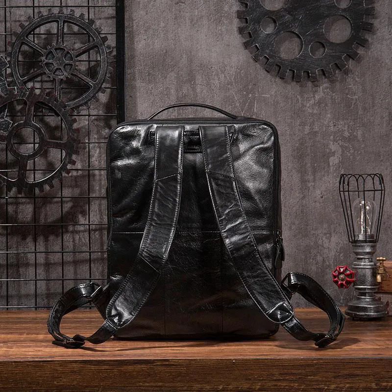 Black Cool Mens Leather Backpack Travel Backpack Leather 15inch Laptop Backpack for Men