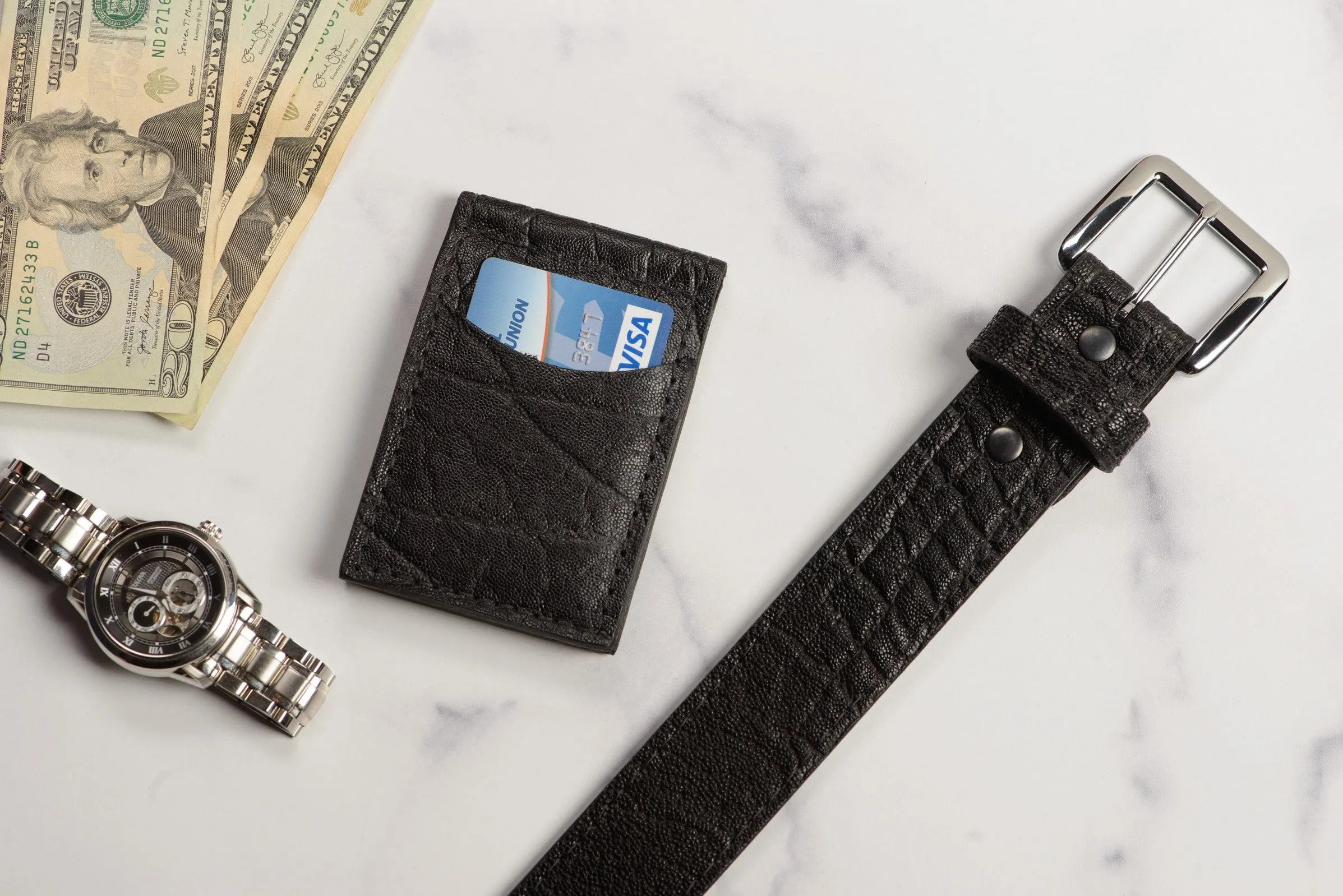 Black Elephant Bifold Slim Profile Wallet With Money Clip