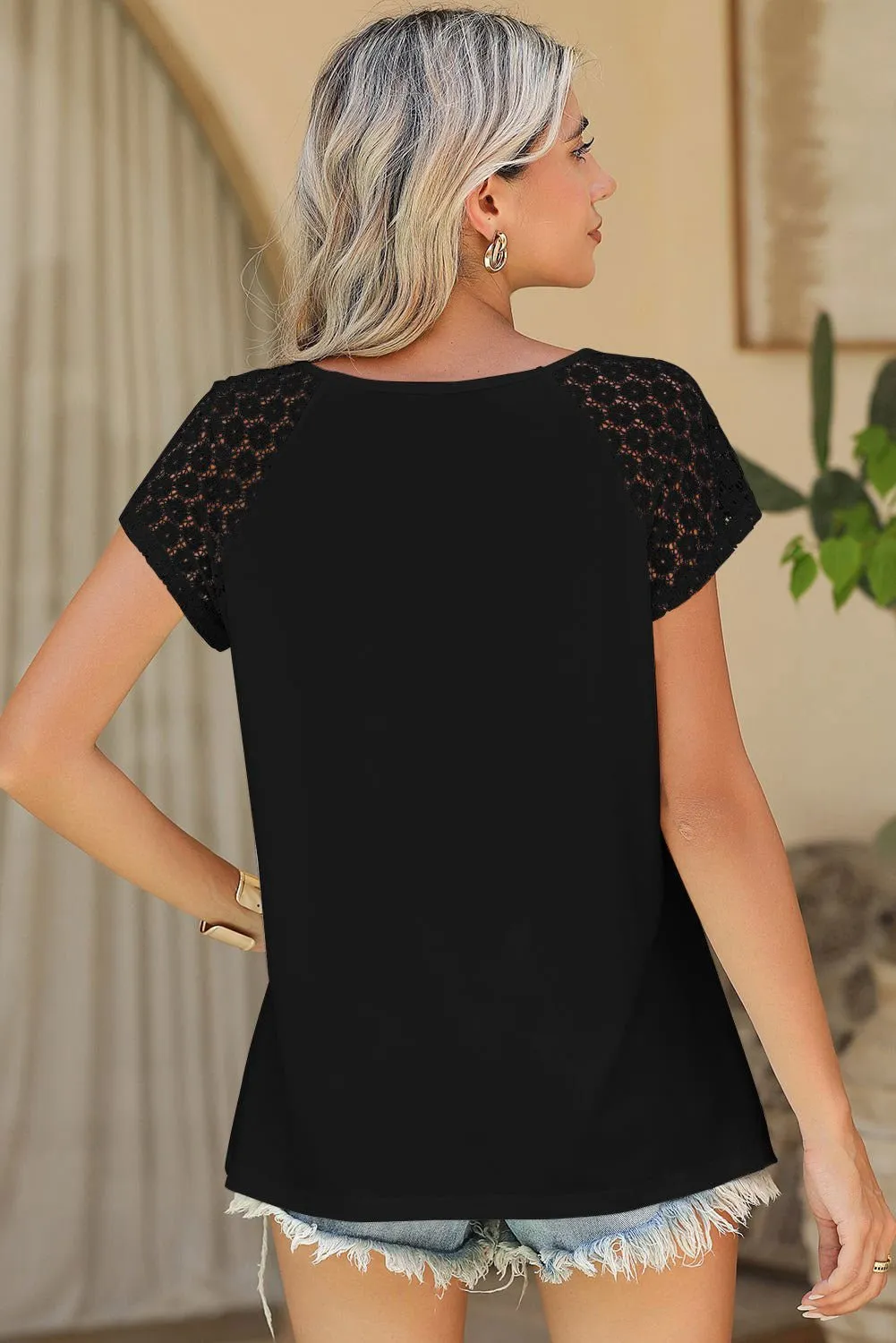 Black Lace Sleeve Keyhole Smocked Detail Blouse