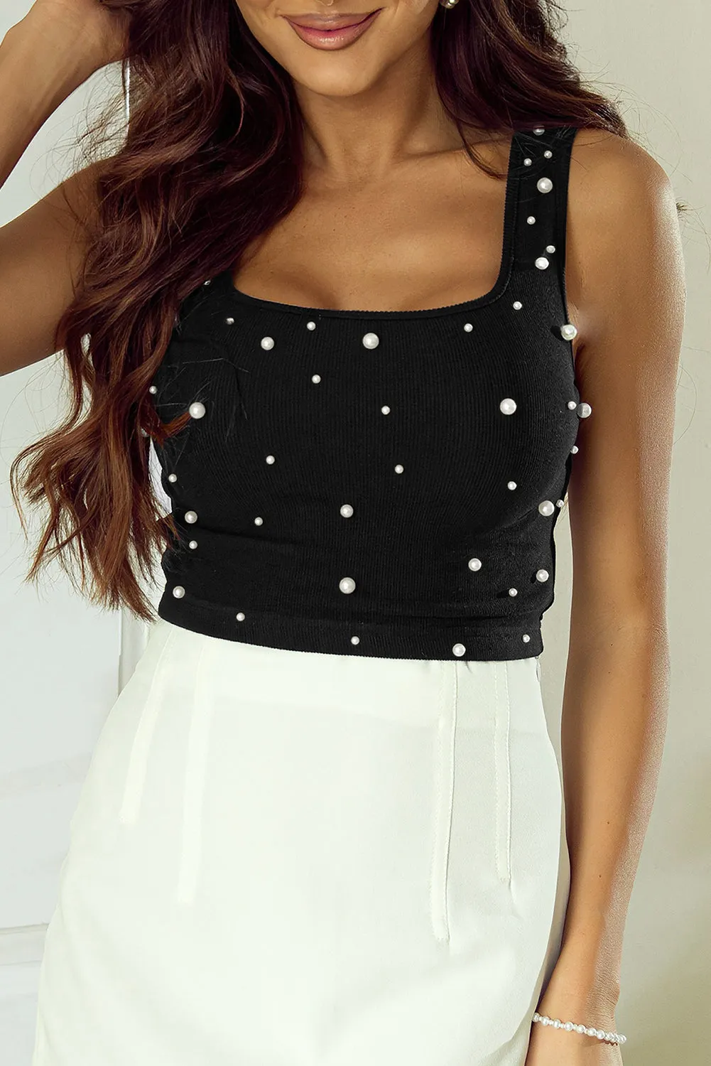 Black Pearl Decor Square Neck Sleeveless Crop Top