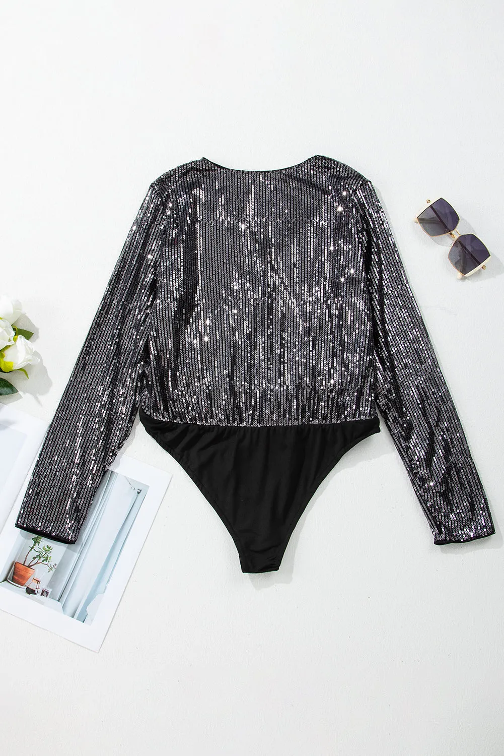 Black Sequin Mesh Long Sleeve Surplice Neck Bodysuit