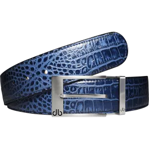 Blue Crocodile Textured Leather Belt with Prong Buckle