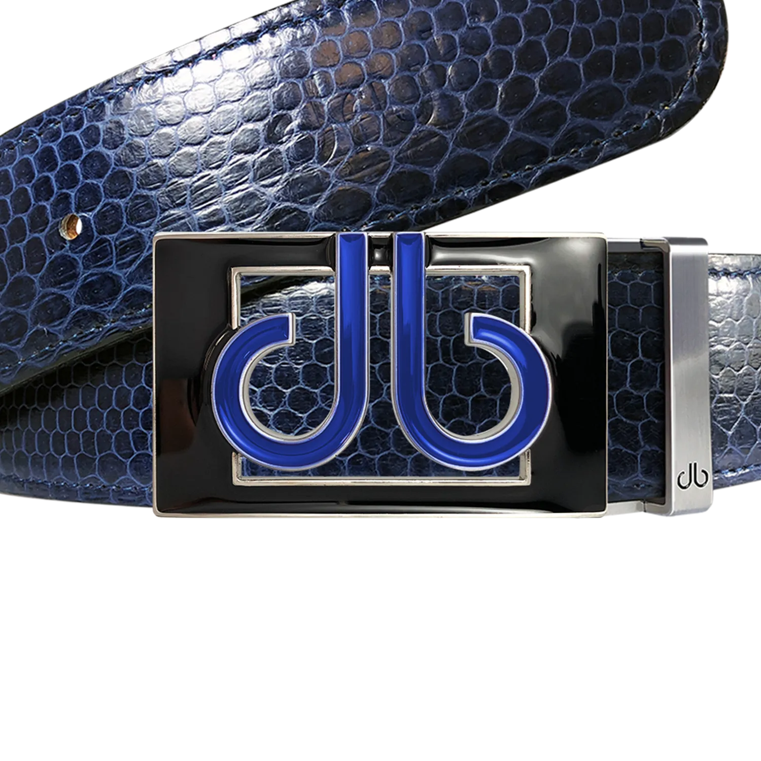 Blue Snakeskin Leather Belt with Buckle