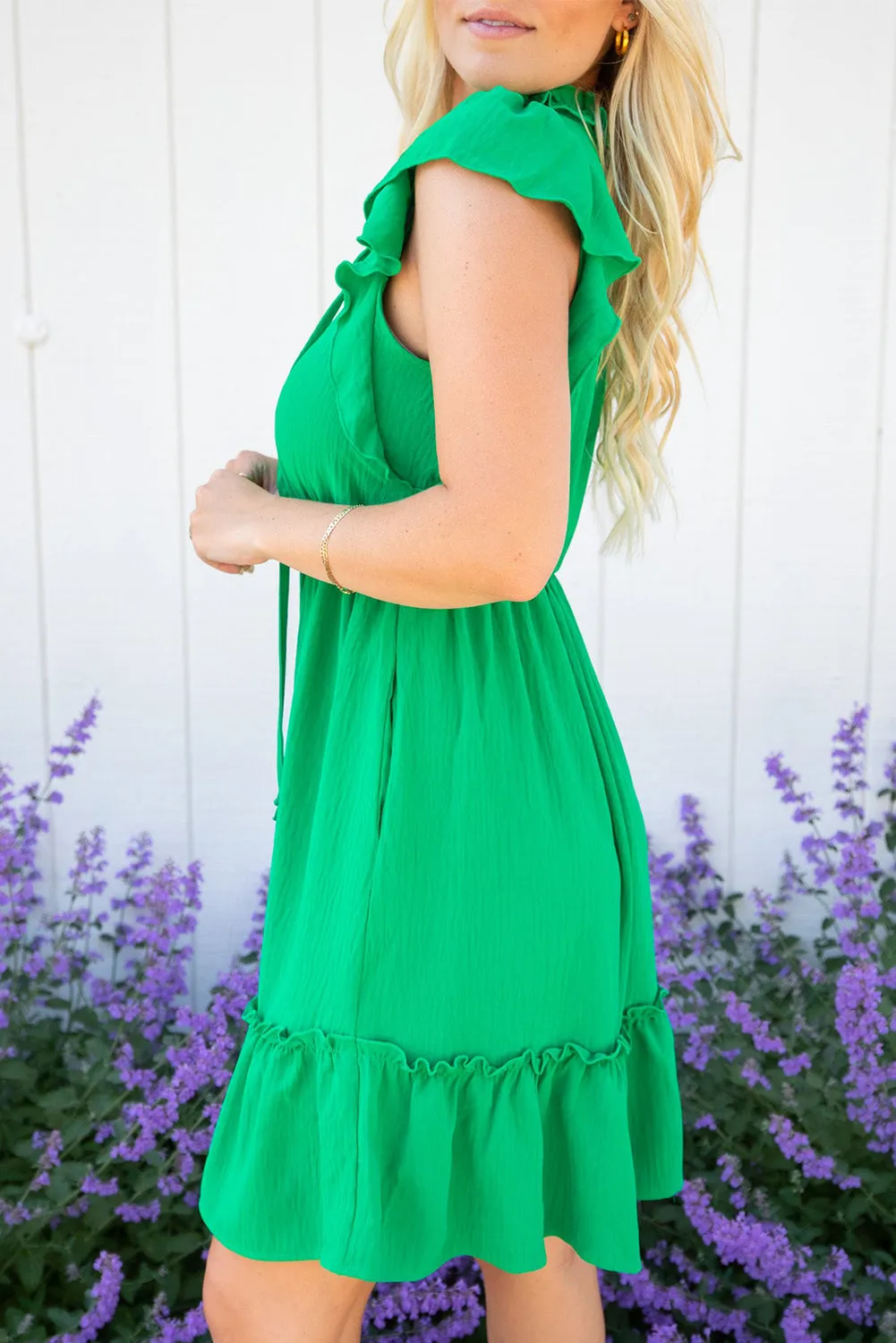 Bright Green Split V Neck Elastic Waist Ruffled Mini Dress