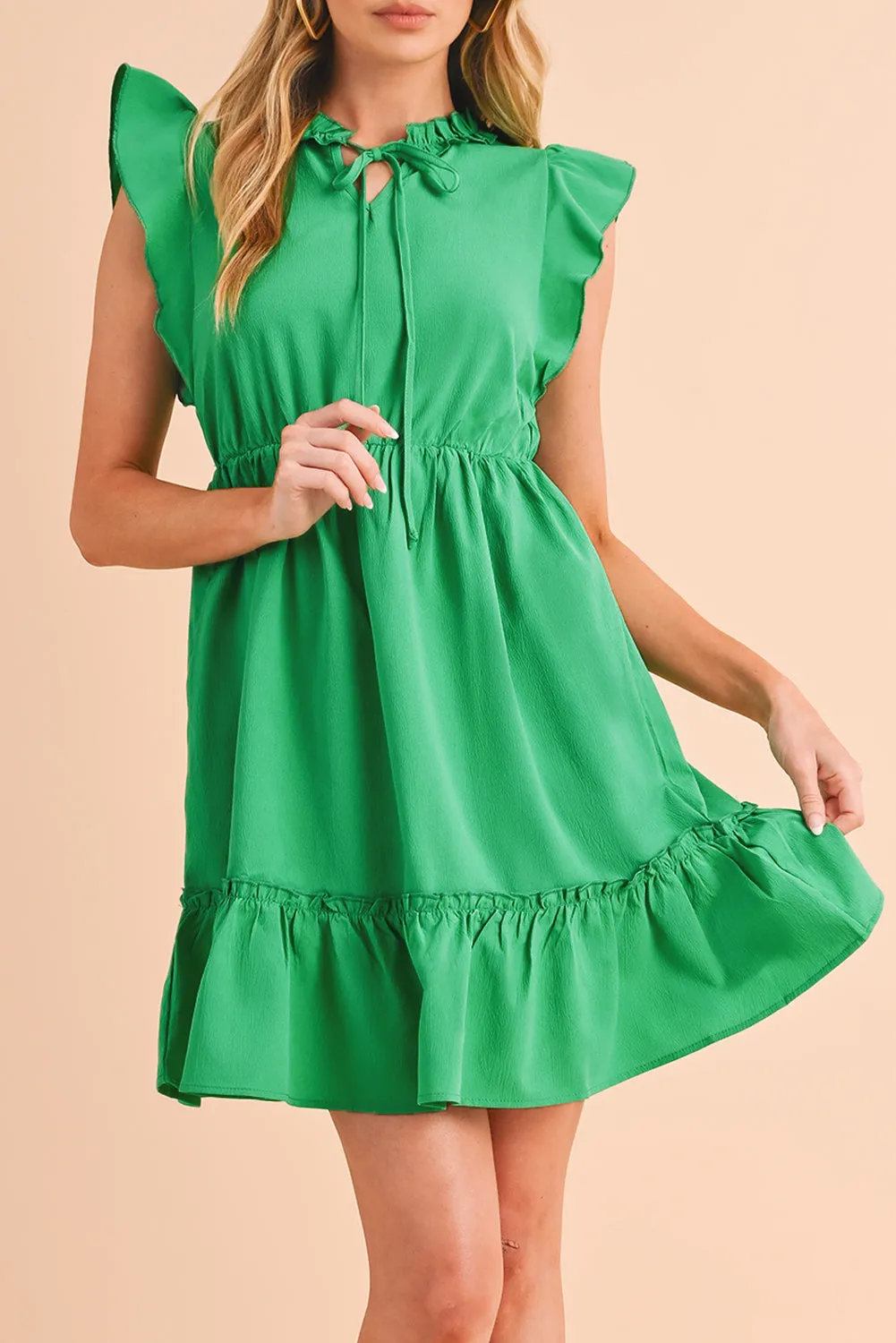 Bright Green Split V Neck Elastic Waist Ruffled Mini Dress