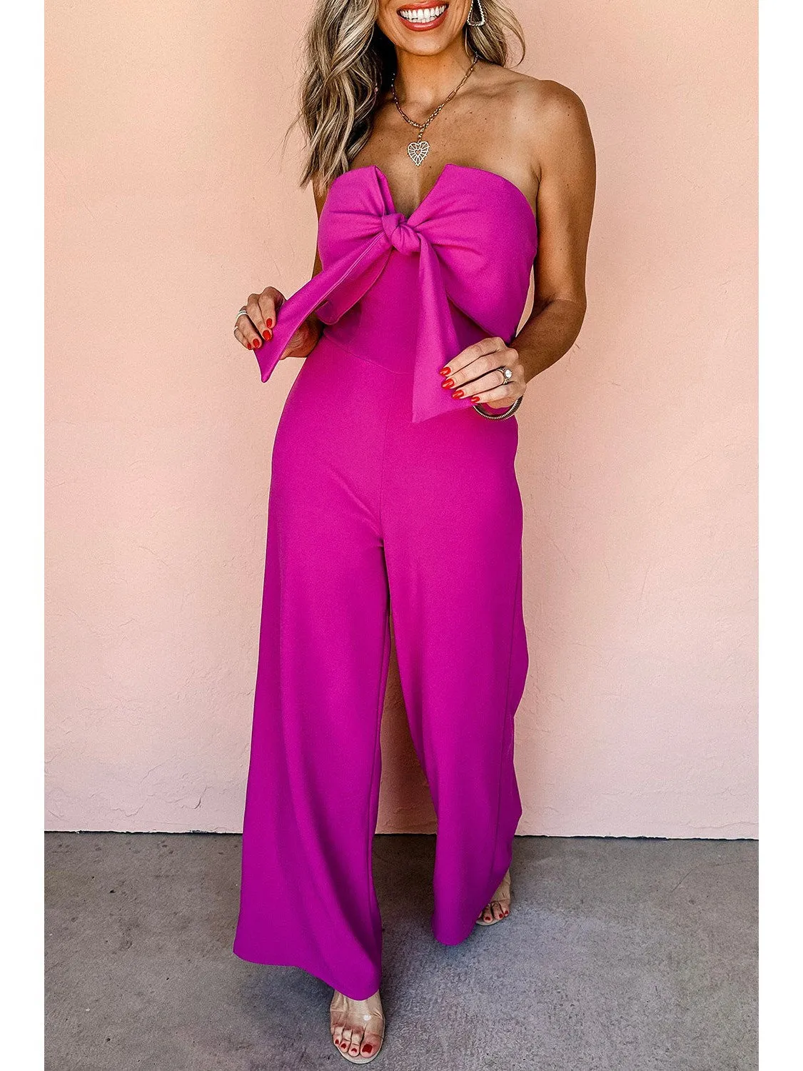 Bright Pink Bowknot Strapless Wide Leg Jumpsuit