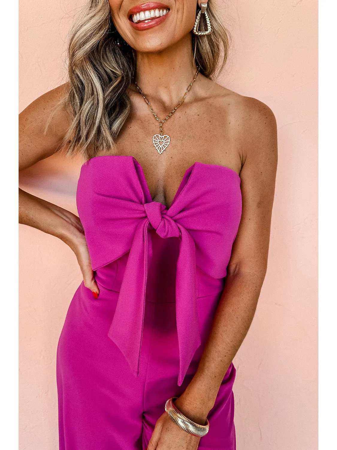 Bright Pink Bowknot Strapless Wide Leg Jumpsuit