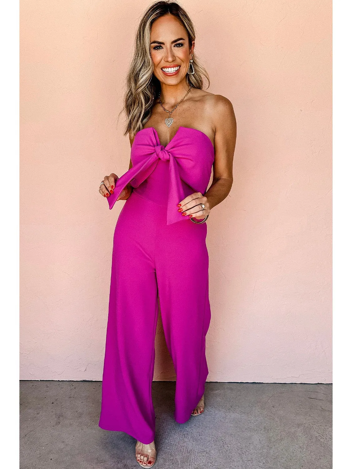 Bright Pink Bowknot Strapless Wide Leg Jumpsuit