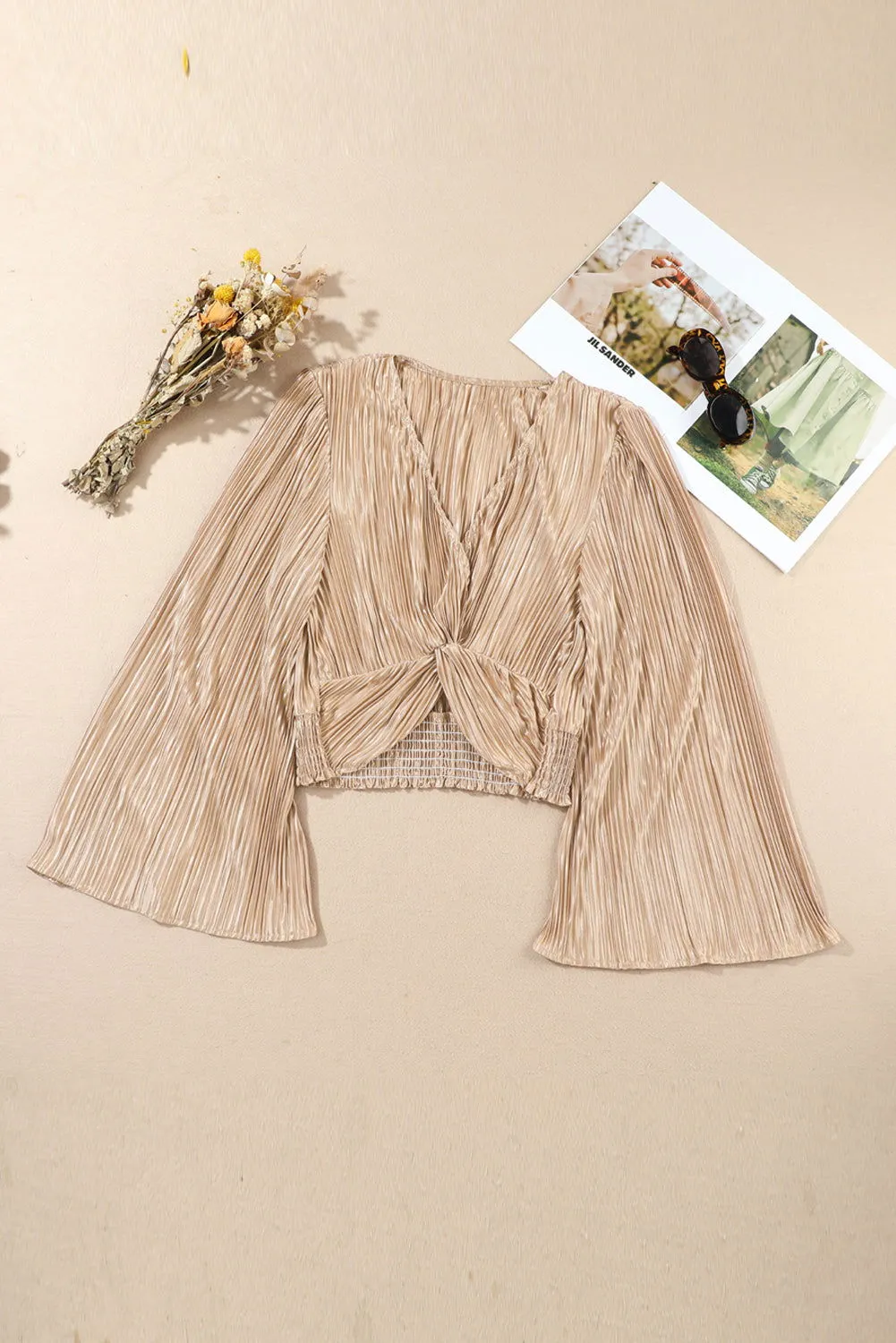 Camel Pleated Bell Sleeve Twist Tulip Hem Cropped Blouse