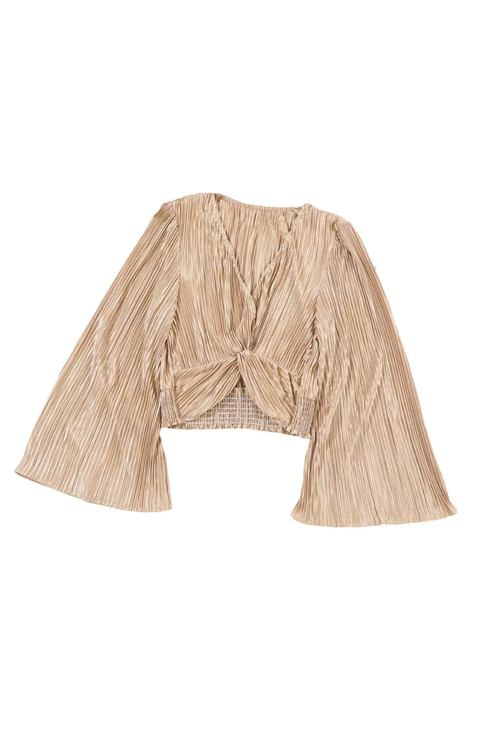 Camel Pleated Bell Sleeve Twist Tulip Hem Cropped Blouse