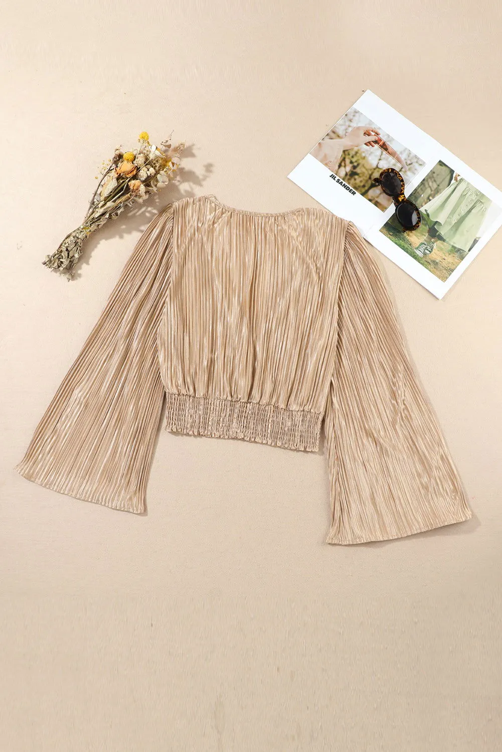 Camel Pleated Bell Sleeve Twist Tulip Hem Cropped Blouse