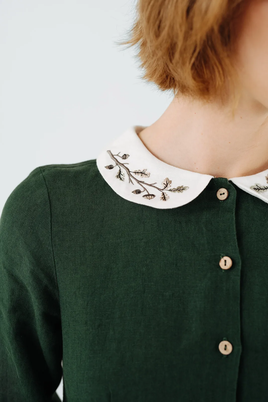 Classic Dress with Embroidered Hazelnut Collar, Long Sleeve