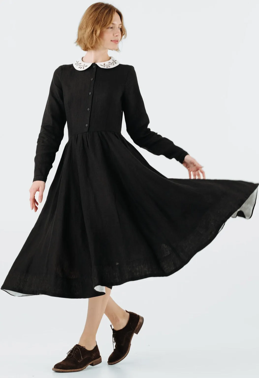 Classic Dress with Embroidered Hazelnut Collar, Long Sleeve