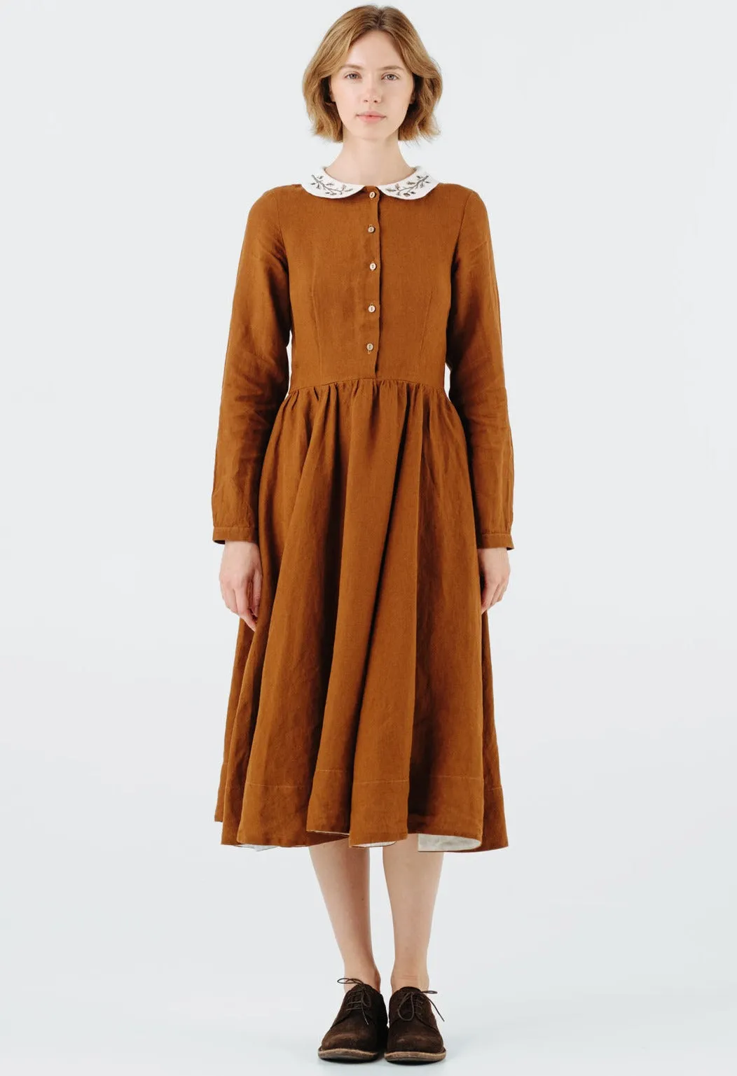 Classic Dress with Embroidered Hazelnut Collar, Long Sleeve