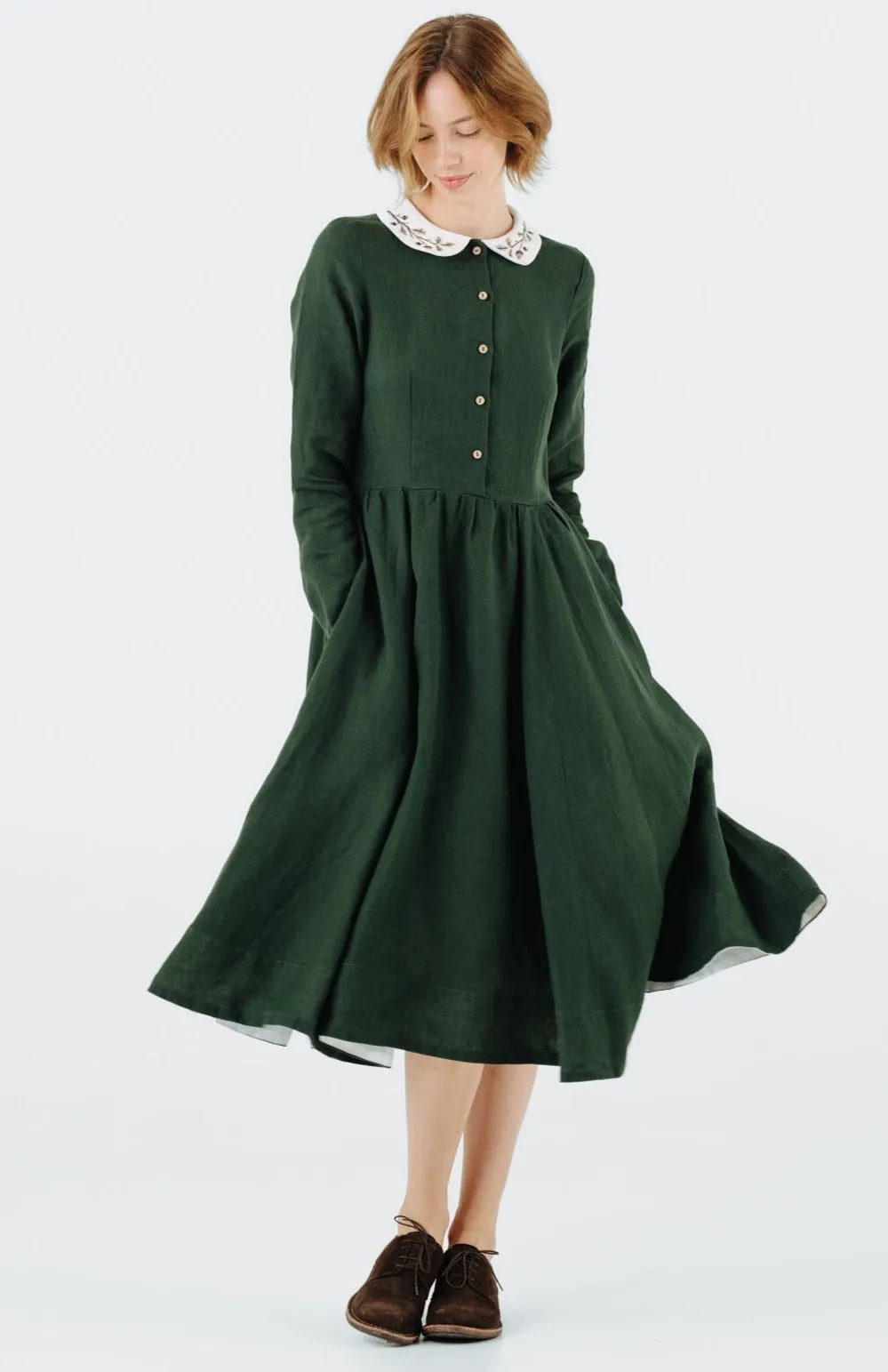 Classic Dress with Embroidered Hazelnut Collar, Long Sleeve