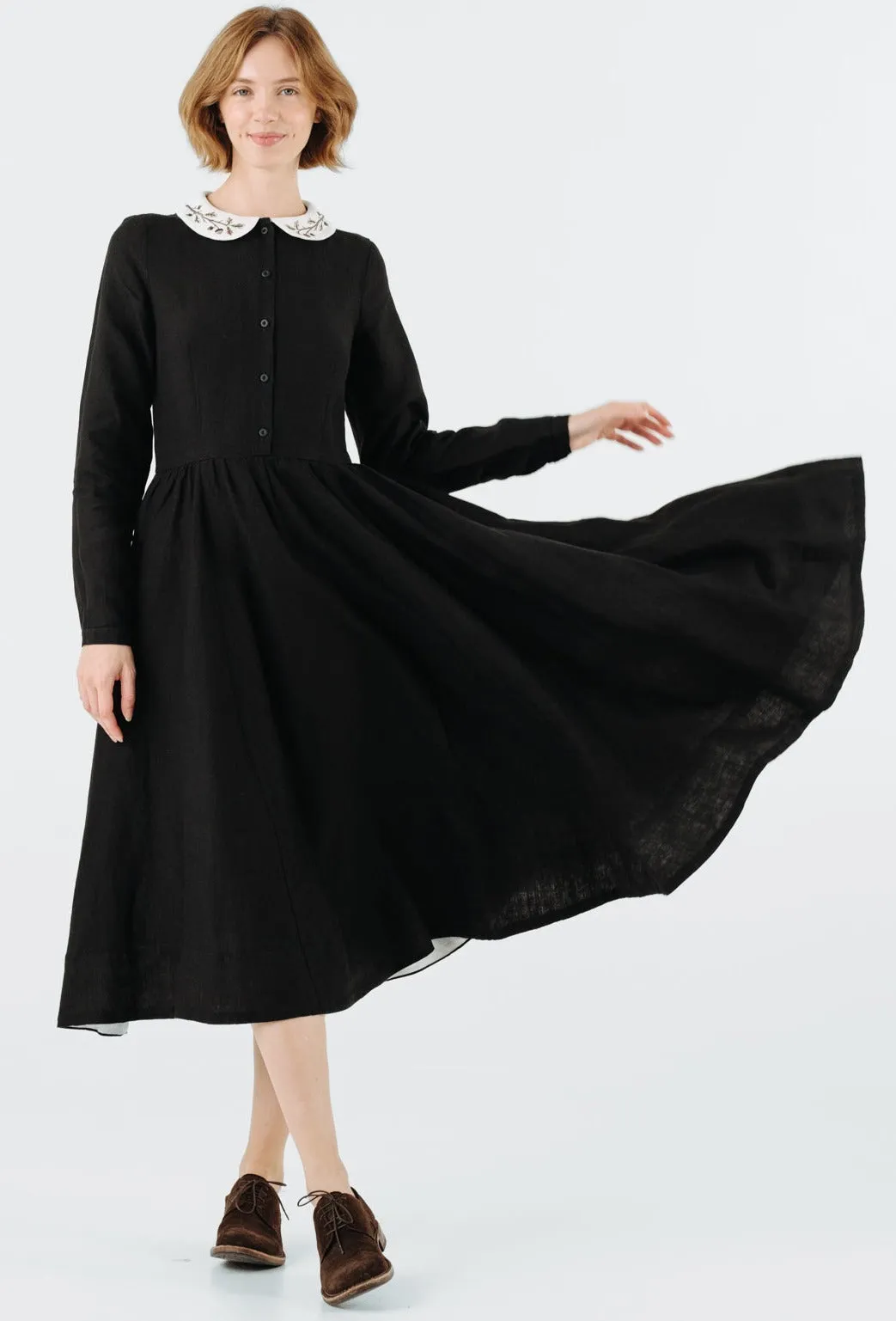 Classic Dress with Embroidered Hazelnut Collar, Long Sleeve