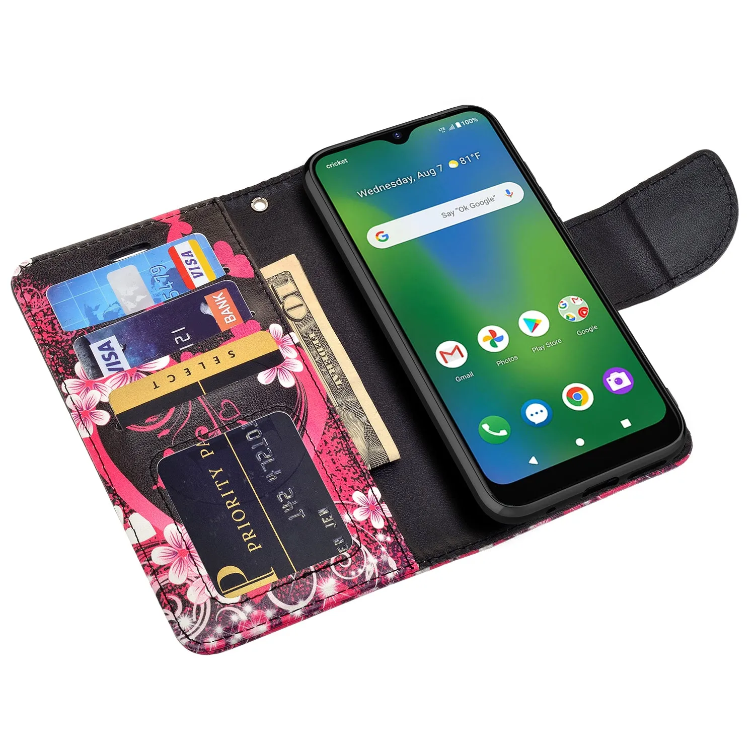 Cricket Influence Case, AT&T Maestro Plus Wallet Case, Wrist Strap Pu Leather Wallet Case [Kickstand] with ID & Credit Card Slots - Heart Butterflies