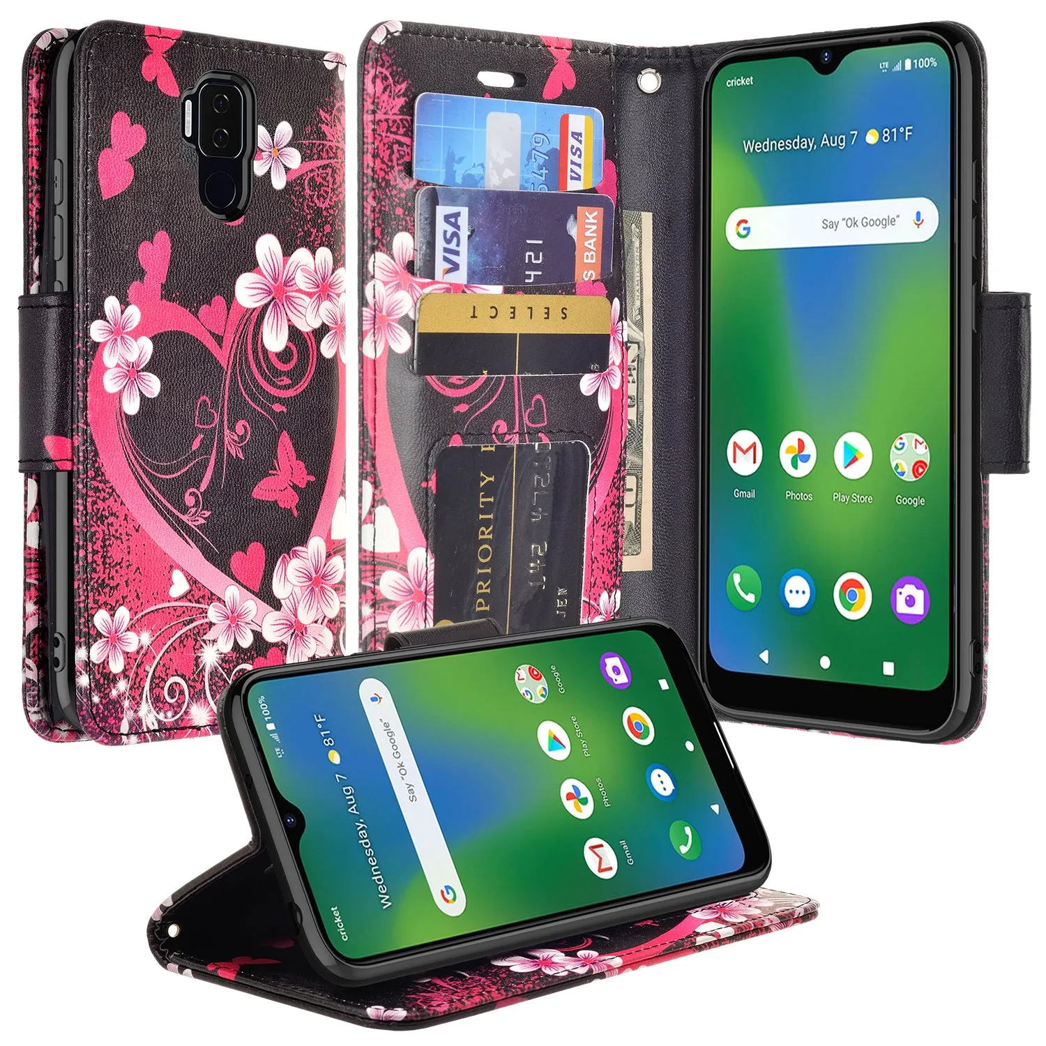 Cricket Influence Case, AT&T Maestro Plus Wallet Case, Wrist Strap Pu Leather Wallet Case [Kickstand] with ID & Credit Card Slots - Heart Butterflies