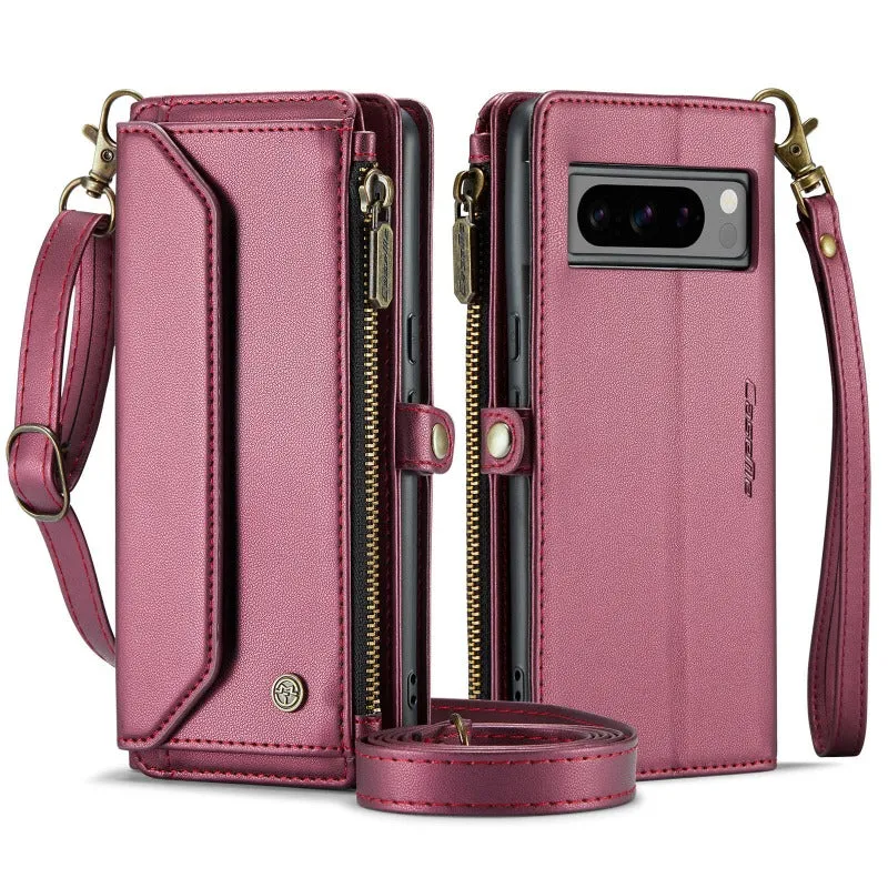 Crossbody PU Leather Wallet Phone Case with 10-Card Holder Zipper Bills Slot Shoulder Strap For Google Pixel 8 7