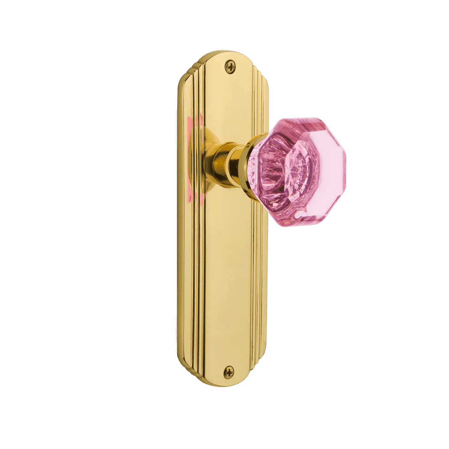 Deco Long Plate with Pink Waldorf Knob in Unlacquered Brass