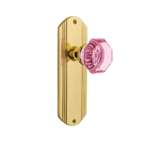 Deco Long Plate with Pink Waldorf Knob in Unlacquered Brass