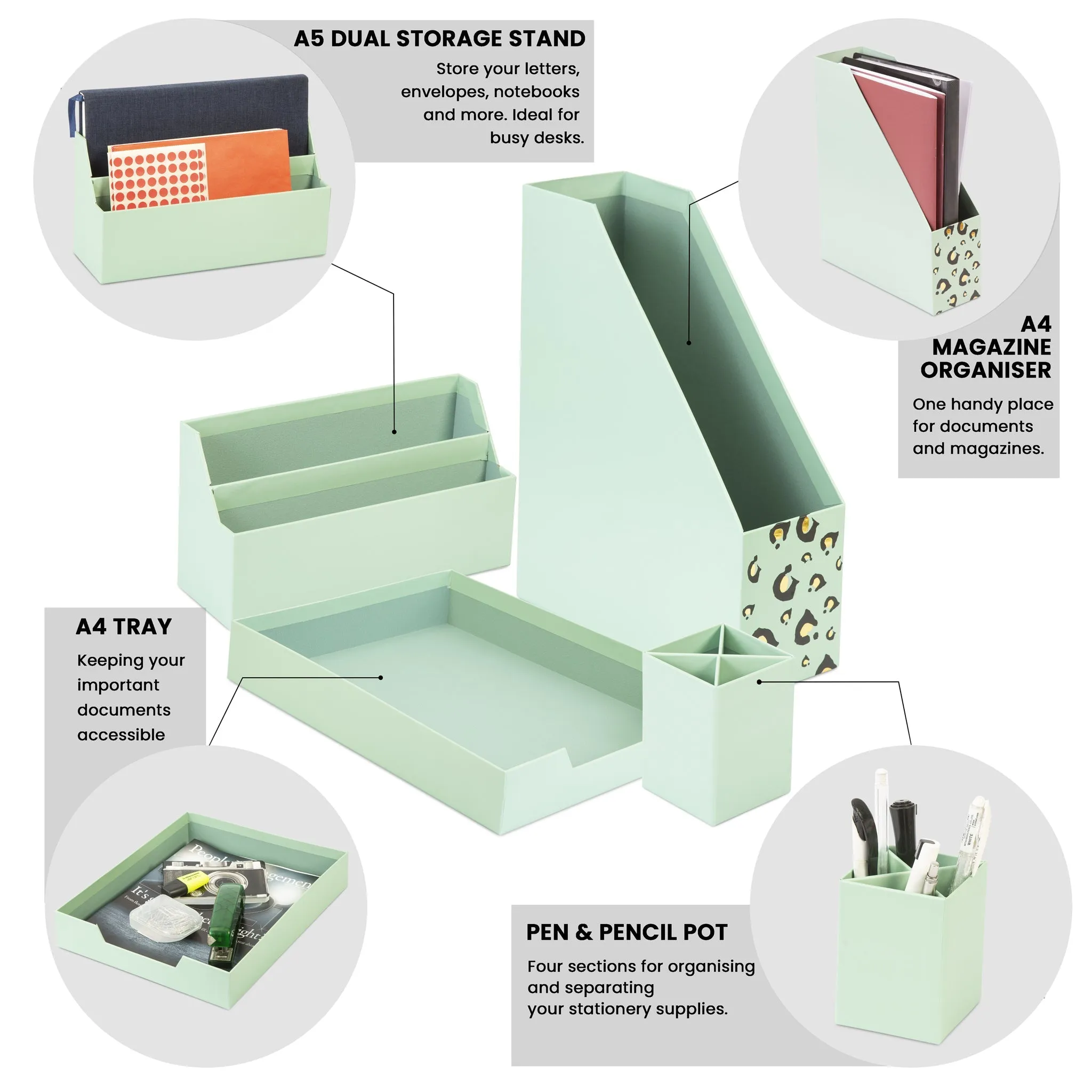 Desk Organiser Set - Mint Green - 4 Pcs