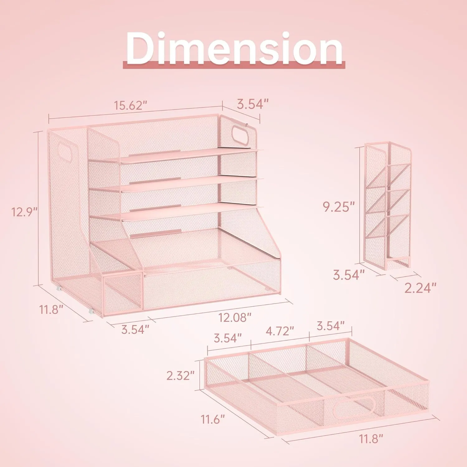 Desk Organizer with File Holder, 5-Tier Mesh Paper Letter Tray Organizer with Pen Holder and Drawer, Desktop Organizer and Storage with 3 Tilted File Sorter for Office Supplies, Pink