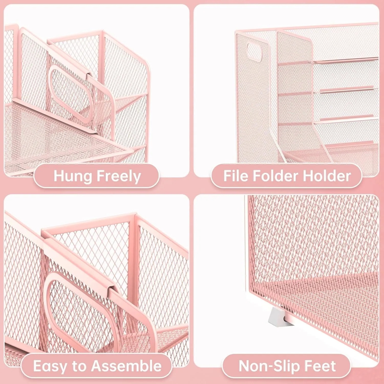 Desk Organizer with File Holder, 5-Tier Mesh Paper Letter Tray Organizer with Pen Holder and Drawer, Desktop Organizer and Storage with 3 Tilted File Sorter for Office Supplies, Pink