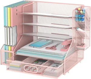 Desk Organizer with File Holder, 5-Tier Mesh Paper Letter Tray Organizer with Pen Holder and Drawer, Desktop Organizer and Storage with 3 Tilted File Sorter for Office Supplies, Pink