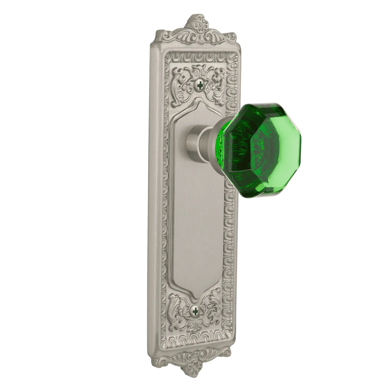 Egg & Dart Long Plate with Emerald Waldorf Knob in Satin Nickel