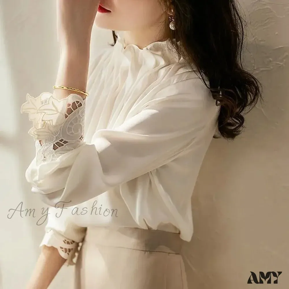 Elegant Folds Solid Color Autumn Winter Princess Sleeve Blouse