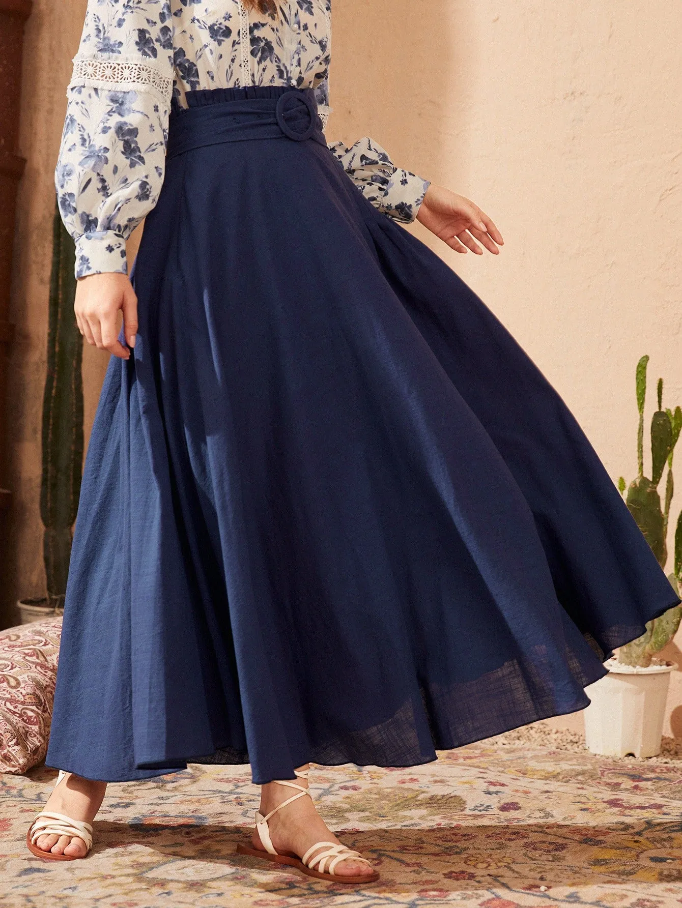 Elegant Plain Paper Bag Waist High Waist Maxi Women Skirt